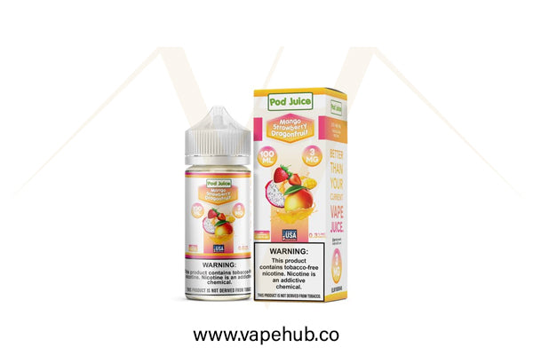 Pod Juice Mango Strawberry Dragonfruit 100ML available at Vape Hub Pakistan.